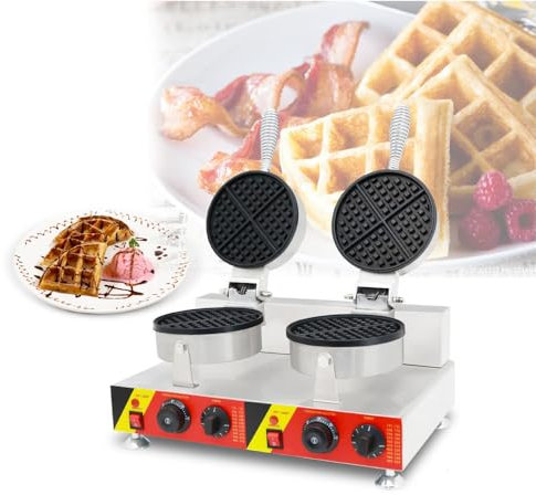 PAHION 2000W Double-Head Commercial Round Waffle Maker Double-Sided Uniform Heating Nonstick 4-Slice Belgian Waffle Maker Machine For Fluffy Golden Waffles For Restaurant Bakeries Snack Bar