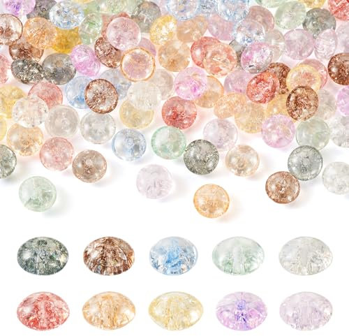 Crafans 100 perline in vetro craquelé, 10 colori, trasparenti, distanziatori rotondi piatti, distanziatori sfusi per braccialetti fai da te, collane e gioielli