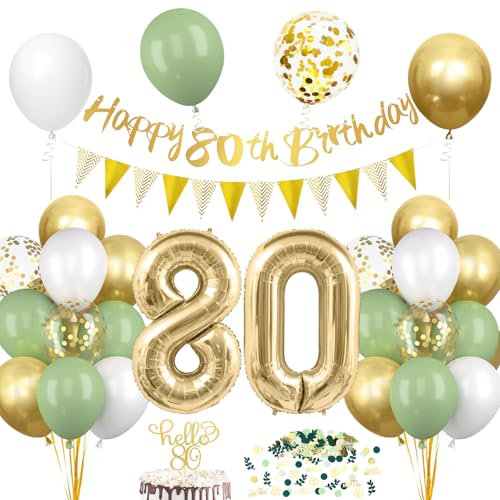80. Geburtstag Deko: Salbeigrüne Tortendeko mit Luftballon und Girlande, Avocado Grüne Konfetti Ballon für Party Deko