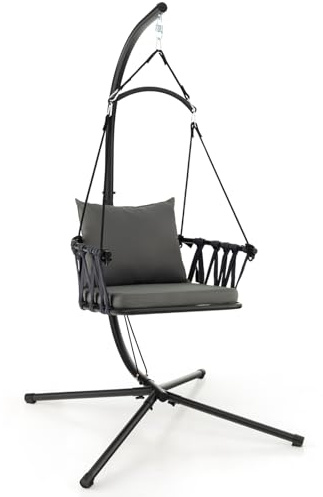 COSTWAY Hängesessel mit Gestell, Faltbarer Hängestuhl mit gemütlichen Sitz- und Rückenkissen, Hängeschaukel mit gewebter Rückenlehne, Hängesitz für Indoor und Outdoor