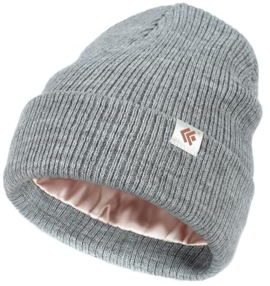 Creekstone Satin Gefütterte Wintermütze Unisex Slouchy Beanie für Haar, Warme Wollmütze Satin Lined Beanie Mütze für Damen Herren (DE/NL/SE/PL, Alphanumerisch, Einheitsgröße, Lichtgrau)