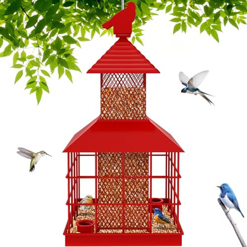 Caged Bird Feeders Squirrel-Proof, ULENDIS Metal Capacity-Cage Tube Seed Feeders with Tray, Wild Bird Feeders for Outdoors Hanging Attract Birds(Bright Red)