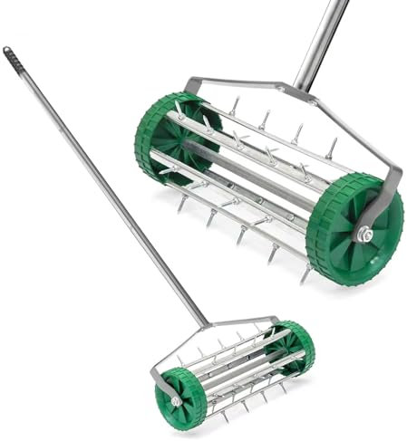 AMOS Manual Lawn Aerator with Removable Steel Handle Rolling Rotary Spiked Drum Outdoor Garden Tools For Grass Yard Lawns Gardening