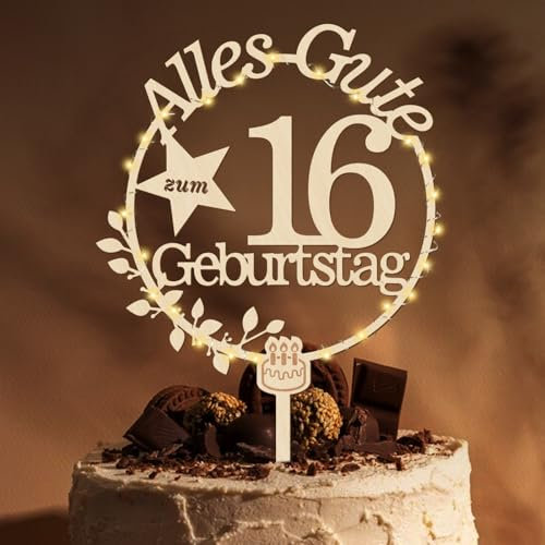 Giftota Cake Topper 16. Geburtstag Holz mit LED Lichterkette - 16. Geburtstag Deko Jungen Mädchen - Tortendeko 16. Geburtstagsdeko - Kuchen Deko für 16. Geburtstagsdeko