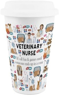 Purely Home Vet Nurse Ceramic Travel Mug - Humorous Veterinary Animal Novelty Gifts/Presents - Reusable Silicone Lid Double-Walled Insulated Hot/Cold Drinks Flask Cup