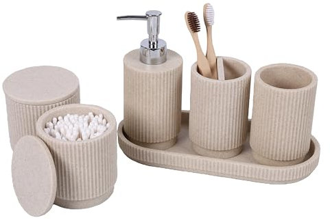 sapisecret seifenspender beige 6-stück Badezimmer Set: seifenspender und zahnputzbecher Set, inklusive seifenspender Set und seifenspender zahnputzbecher Set, hochwertig für modernes Bad Design
