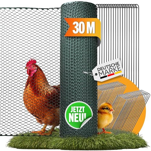 TIERGUT® Hühnerzaun [30m lang, 100cm hoch] - Mobiler Steckzaun für Hühner, Hunde, Kaninchen & Co. - Komplettset mit engmaschigem Zaun und doppelter Befestigung