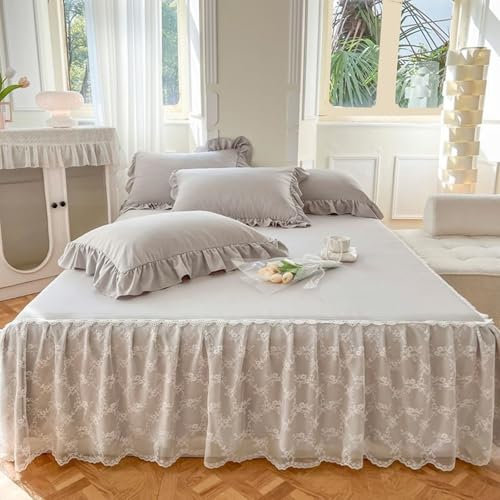 Jupe de Lit Cache Sommier Bonnet 180x200 2 Personnes avec 2 Taie d Oreiller, Drap Housse Polyester Couleur Unie Gris Dentelle à Volants avec Elastique