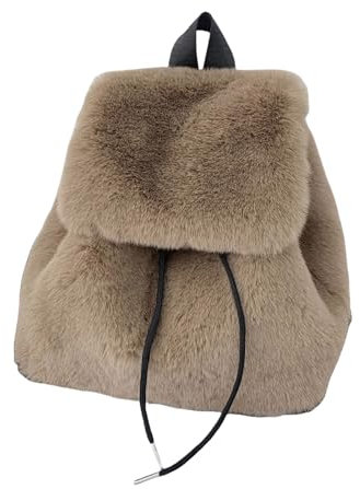 Itkcozcg Trendiger Damen-Rucksack, elegant, Plüsch, pelzig, einfarbig, flauschig, Kordelzug, kleine Schultertasche mit Klappdeckel für Komfort im Winter, braun, Size reference picture