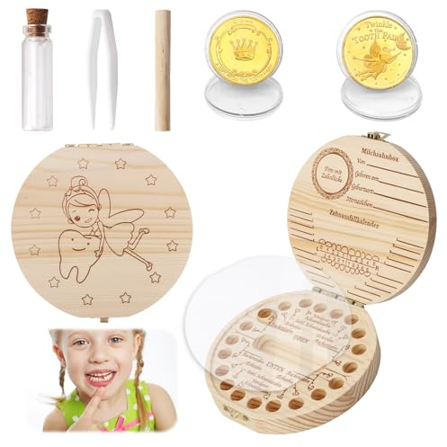 FIDWALL Milchzahndose und Zahnfee-Münzen-Set, Zahndose aus Holz für Mädchen & Jungen, Milchzahndose mit Haarlocken-Aufbewahrung, Zahnfee Münzen als Geschenk für Kinder, Erinnerung an erste Milchzähne