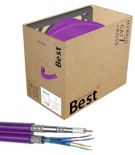 Germany B.e.s.t Cat7 LAN Netzwerkkabel + Sat Kabel Hybridkabel 100M 10 Gbit/s –& Koaxialkabel 4-fach Abschirmung – für Streaming, Online-Gaming, Kamerasysteme, Satellitenempfang – Flexibel, Robust