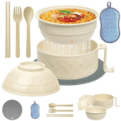 TZQFROCE Microwave Bol à ramen instantané avec couvercle et baguettes pour soupe, pâtes, salades (beige)