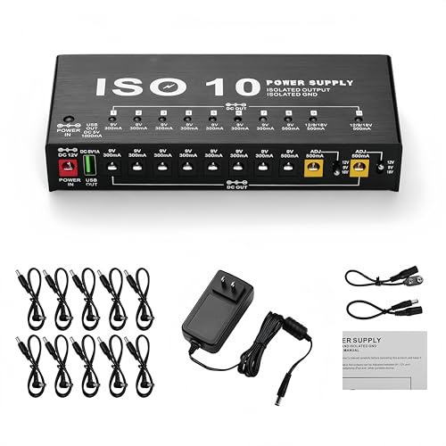 Gitarrenpedal-Netzteil, 10 isolierte einstellbare DC-Ausgangs-Stromversorgung, tragbares kleines Bank-Netzteil mit LED-Anzeigeleuchte für Gitarrenpedal 9V 12V 18V 300mA 500mA