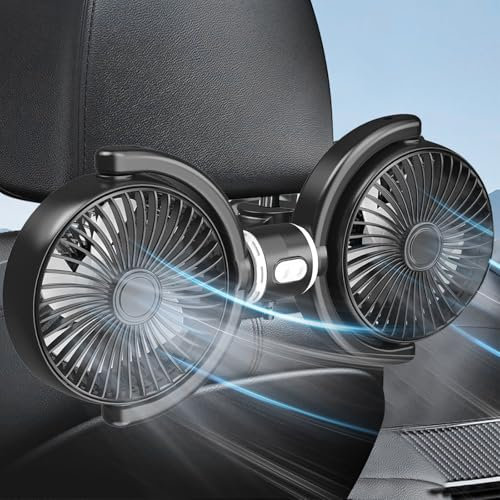 Ventilador para Coche de Doble Cabezal, Ventilador Coche USB portátil para Asiento Trasero, 3 Velocidades Ajustables, Rotación de 360° para niños, mascotas, todoterrenos