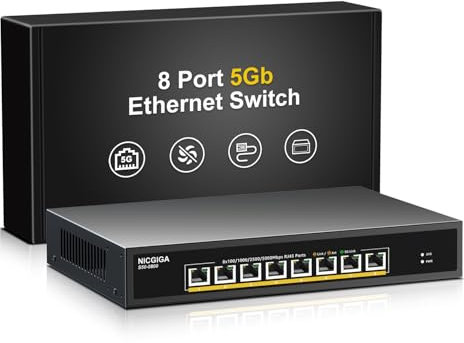 8 porte 5g Ethernet Switch Unmanaged, con 8 porte Base-T 5Gbps, NICGIGA 5Gb switch di rete non gestito semplice da usare per NAS 5G, PC, router WiFi 7, adattatori/NIC 5G.