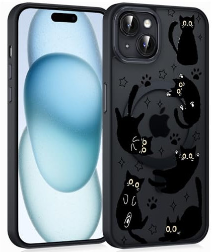 Knrlqim Magnetische Handyhülle für iPhone 15 Hülle [Kompatibel mit Mag-Safe] Aesthetic Katze Muster Transluzente Mädchen Case, PC Dünn TPU Bumper Stoßfest Schutzhülle Cover - Schwarz(6,1