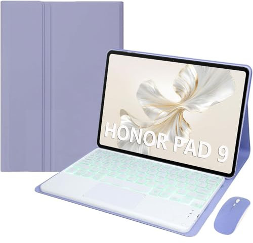 EHLCYS Funda con Teclado para Huawei Honor Pad 9 12,1 Pulgadas Tableta, Panel Táctil Retroiluminado Desmontable 7 Colores Español Ñ Teclado Bluetooth, Funda Ultrafina Multiángulo con Ratón,Púrpura