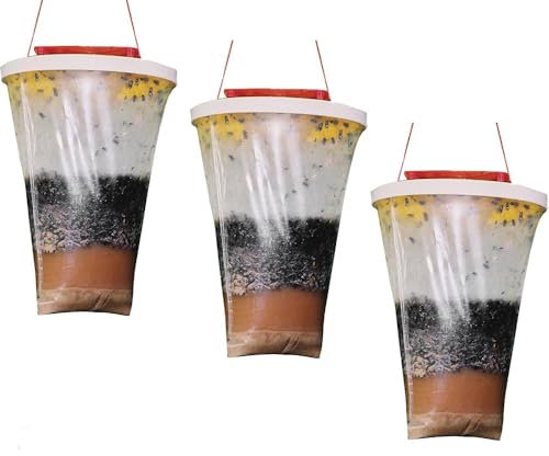 Fliegenfalle Outdoor - Hängbare Fliegenfallen mit Köder, 3 Stück inkl. Lockstoffbeutel - Effektive & Wiederverwendbare Insektenfalle für Garten, Küche, Stall & Camping