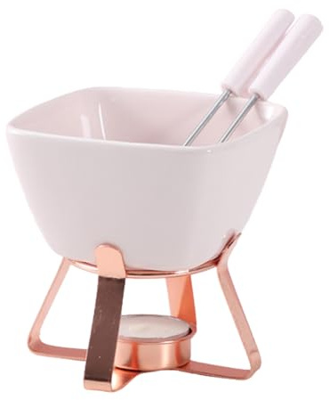 Ailan Ceramic Chocolate Fondue Warmer Set with Fondue Cup 2 Forks Included Heat Resistant Chocolate Set Made of Ceramic Cheese 2 Forks. Hotpot Base, Pink+Rose Gold