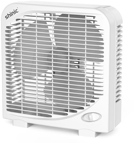 shinic 10 Desk Box Fan for Bedroom, 2 Speeds, Quiet Table Fan with Strong Airflow, Energy Efficient Small Box Fan, Portable Kitchen Exhaust Fan for Bedroom Bathroom Office Dorm Workshop, White