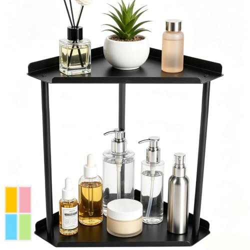 WOKICOR 2 Etagen Eckregal Badezimmer, Eckregal Stehend Schwarz Metall Standregal für Arbeitsplatte, Bad, Schminktisch, Gewürzregal Stehend, Küchenregal Arbeitsplatte