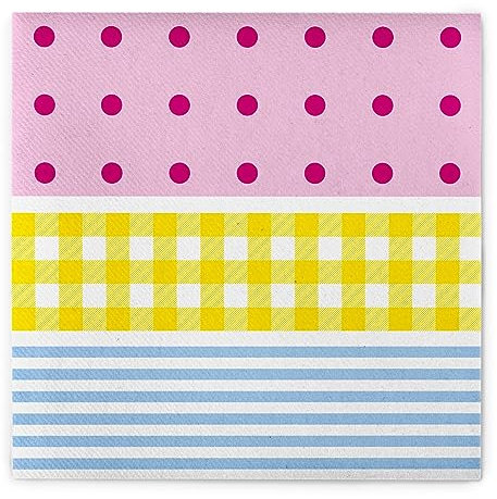 Sovie HOME Serviette WILLI aus Linclass® Airlaid, 40x40cm, 1/4 Falz, 12 Stück, Design: Mustermix aus pinken Karos, gelben Punkten und blauen Streifen, saugstark & reißfest, Ideal für Partys