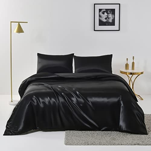 Chanyuan Seide Satin Bettwäsche Set 220x240cm mit Kopfkissenbezug 80x80cm Schwarz Bettbezug mit Reißverschluss