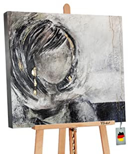 YS-Art Abstrakt Acryl Gemälde auf Leinwand Faszination handgemalt Wandbilder Wohnzimmer modern Wohndekor Bilder Büro schwarz weiß Frau echte Kunst 90x90 cm