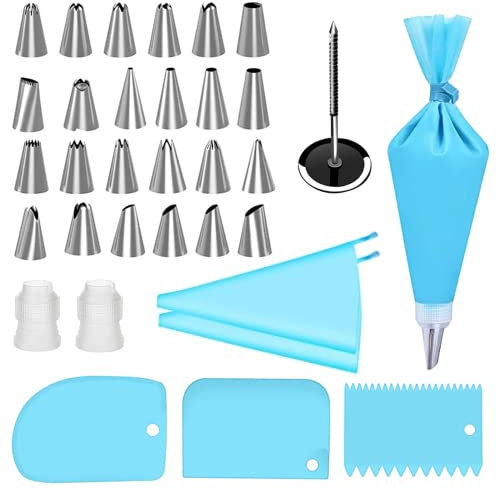 Kit di bocchette professionali per sac à poche in acciaio inox - beccucci russi grandi + sac à poche in silicone e accessori per decorare cupcake e torte - rose e fiori–foglie–kit per dolci(standard)