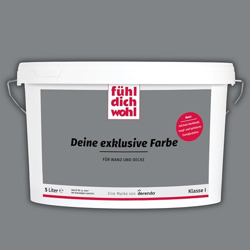 derendo Fühl Dich Wohl Deine Farbe grau, matte Wandfarbe grau, hohe Deckkraft, verschiedene Grautöne zur Auswahl (5L, Asphaltgrau)