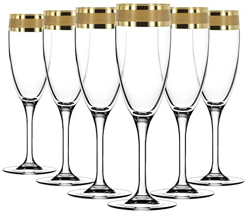 Roman Deluxe Champagne Glasses Set of 6 with Gold Rim for Engagement, Wedding, New Home, Box Gift Set for Women or Men, for Couples, 180ml, Champagne Flutes (Modern Gold Ornament - 6pcs)