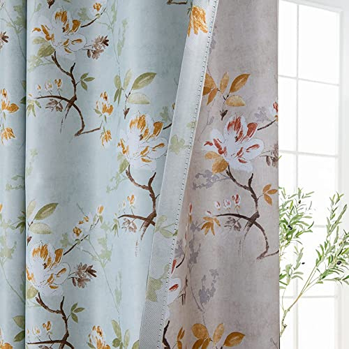SUOUO Verdunkelungsvorhänge, doppelseitig, Blumenmuster, 244 cm, 2 Paneele, Grün / Braun