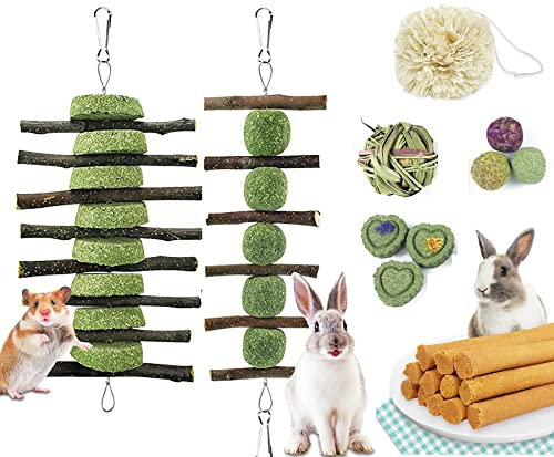 CAMITER 15PCS Kaninchen Spielzeug, Kleintiere Kauspielzeug Hasen Natürliche Timothy-Gras kaubälle Knabber Holzkette Grasspielzeug Zahnpflege