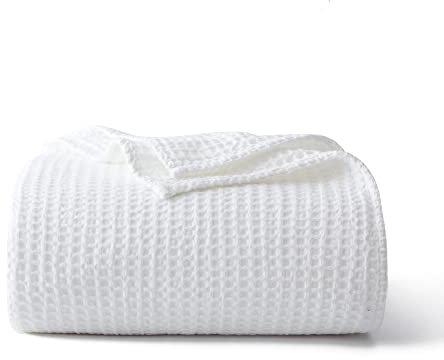 Decke aus 100 % Baumwolle, Waffelmuster, weiß, Queen-Size-Größe, 228 x 228 cm, vorgewaschen und einlaufsicher, weich, leicht, Bett- und Couchdecke, 380 g/m² Waffelgewebe, Überwurfdecke für alle