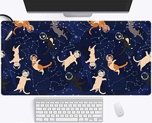 Anime Desk Mat Kawaii Cute Space Cat Mouse Pad XXL, Extended Laptop Computer Keyboard Mat 31.5x15.75 in, Office Desk Decor for Women Girl