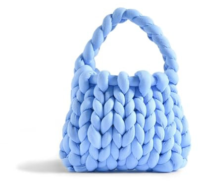 Kcvvcr Handgewebte Damen-Tragetasche, grobes Garn, gehäkelte Geldbörse, DIY-Knoten-Tasche, lässiger Griff, Schultertasche, Hell, blau