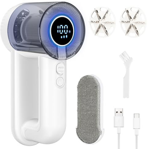 Dreamhigh® Fusselrasierer Elektrisch, 2 in 1 Fusselentferner Mit Fusselbürste, USB-Aufladung Lint Remover Mit LED Anzeigen, 3 Fach Geschwindigkeit 6-Klingen-Kopf (Weiß)
