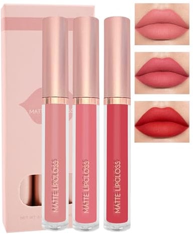 Matte Liquid Lipstick Set-3Pcs High Pigmented Lip Stain Tint, Long Lasting 24H Red Lipstick Waterproof Non-Stick Cup Velvet Lip Gloss, Smudge Proof Not Fade Lip Blam Makeup Gift Box for Women-Set b