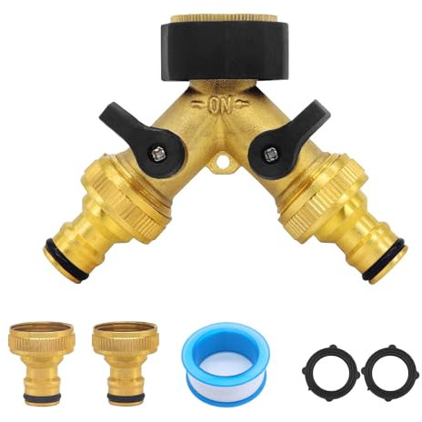 Rubinetto da giardino a 2 vie, distributore di acqua Y 3/4 pollici, attacco per tubo dell'acqua, adattatore in ottone, tubo da giardino, adattatore per rubinetti, splitter con manico allungato per