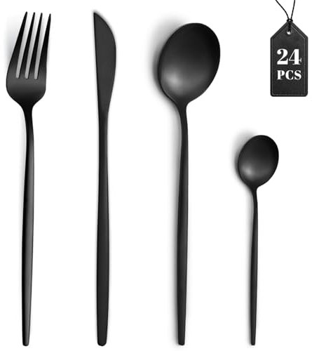24 Piezas Juego de cubiertos, Gymdin cubiertos acero inoxidable para 6 personas, con cuchillo, tenedor, cuchara, cuberteria negra, apto para lavavajillas, Negro/Black