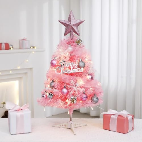 Mini Christmas Tree 2ft/60cm with Light Table Top Artificial Xmas Tree Star Treetop, Hanging Ornaments DIY Holiday Indoor Decorations, Home Desktop Xmas Tabletop Decoration Pink (Pink)