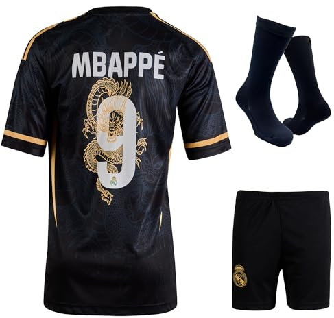 Qycksouth Mbappe R.Madrid Nr 9 Drache Retro Limitierte Auflage, Trikot für Kinder und Shorts Sporttrikot, Fußballtrikot Trainingstrikots, Kinder Trikot Mit Kurz Fußballfans (128)