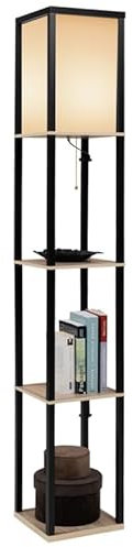 IDMarket - Lámpara de pie industrial de madera negra con estantes de madera clara y pantalla cuadrada blanca
