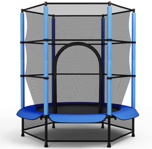 Trampolin für Kinder, Trampolin Outdoor Ø140cm, Sprungmatte Indoor mit Sicherheitsnetz, Gartentrampolin für Training & Unterhaltung, bis 50 kg, Spielzeug Geschenk für Kinder, Blau