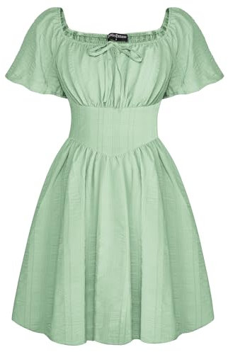 SCARLET DARKNESS Renaissance Dress for Women UK Square Neck Short Sleeve Bubble Dress Medieval Mini Boho Dress Light Green L