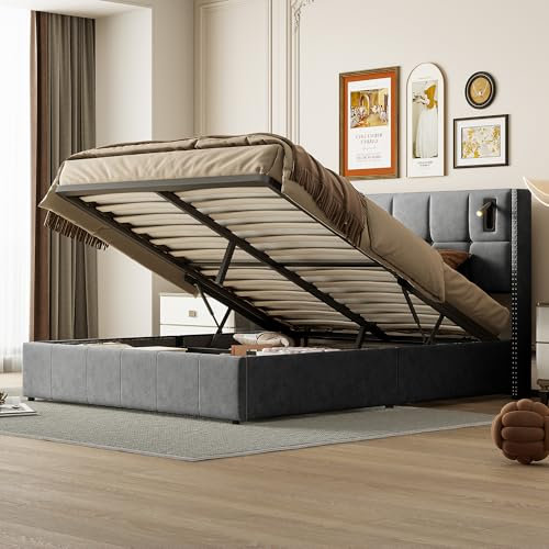 KeepGoon Doppelbett 140x200cm, Polsterbett mit USB, Querruder mit Kupfernägeln und Leselampen,Bettkasten, Stauraumbetten Bettgestell Samt,Jugendbett mit Lattenrost, Luftbett (Grau)