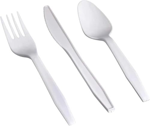 Shefa 300 Premium White Reusable Set - 100 Spoon, 100 Fork, 100 Knife - Reusable & Washable, Heavy Duty Cutlery, 6 Long Tablespoon - Ideal for Birthday, Parties, Camping, Catering
