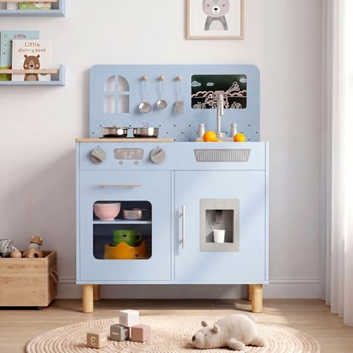 MAMIZO Wooden Play Kitchen for Kids, Interactive Toddler Toy Kitchen | Realistic Light & Sound, 5 Pcs Cookware, Oven, Water Dispenser, Storage Cabinets & Chalkboard for Ages 3+ (Blue)