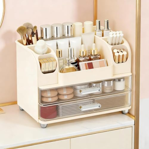 Makeup Kosmetik Organizer mit Schubladen, Plastic Kosmetik Aufbewahrungsbox | Pinsel Organizer, Hautpflege Organizer, Multifunktions-Organizer, Schmink Aufbewahrungskasten für Schminktisch