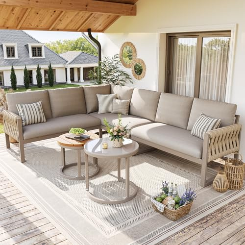TOBIDOEN Garten Lounge Set für 5-6 Personen, Ecksofa und Sessel-Sofa mit Höhenverstellbaren Tischbeinen, Abnehmbaren Wasserabweisenden Kissen, Modular für Balkon Garten Terrasse, B - Beige